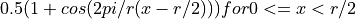 0.5 (1+cos(2pi/r (x-r/2))) for 0<=x<r/2
